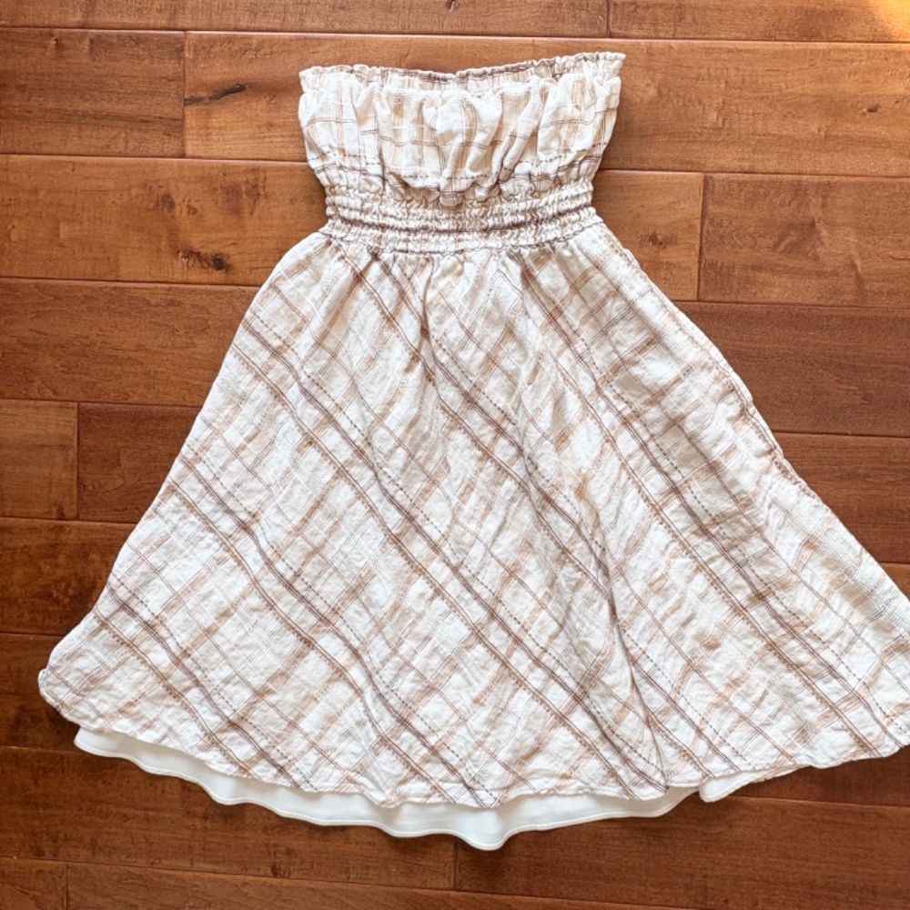 Vintage Gianni Bini Strapless Linen‎ Dress Size 10 Brown/cream Plaid